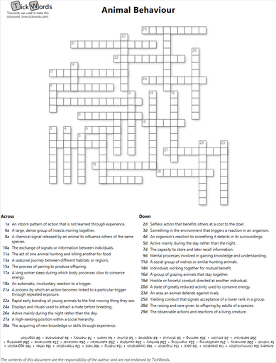 A TickWords crossword printed on A4 paper, with across and down clues below the grid