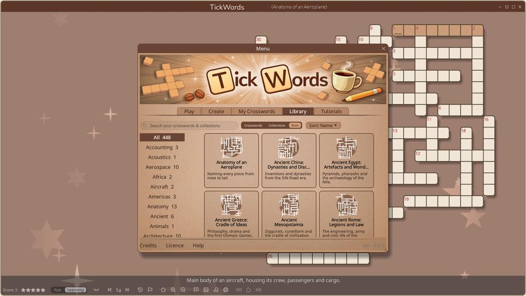 The TickWords library on a fresh install, crosswords listed by subject