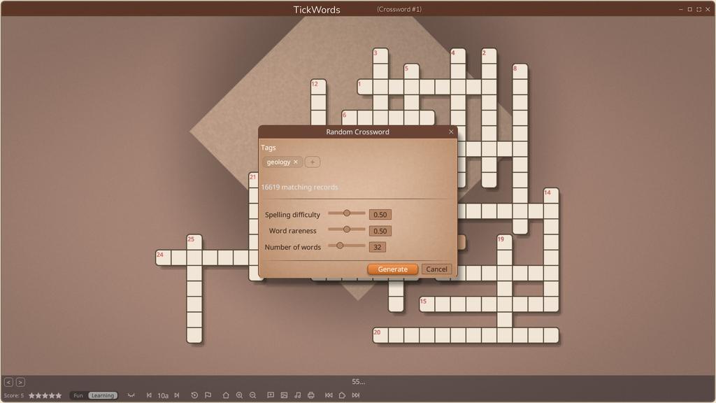 The random crossword dialog: a geology tag, the matching record count, and sliders for spelling difficulty, word rareness and number of words